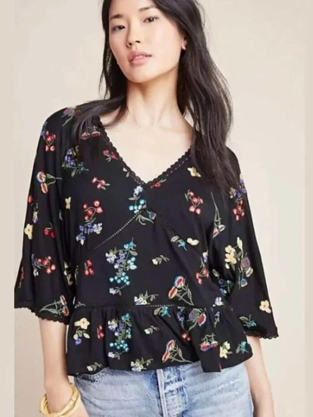 ANTHROPOLOGIE PARVATI EMBROIDERED KNIT BLOUSE